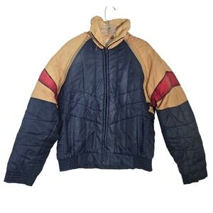Vintage 70s Tarleton Sz L Mens Colorblock Puffer Jacket Zip Quilted Blue Tan Red